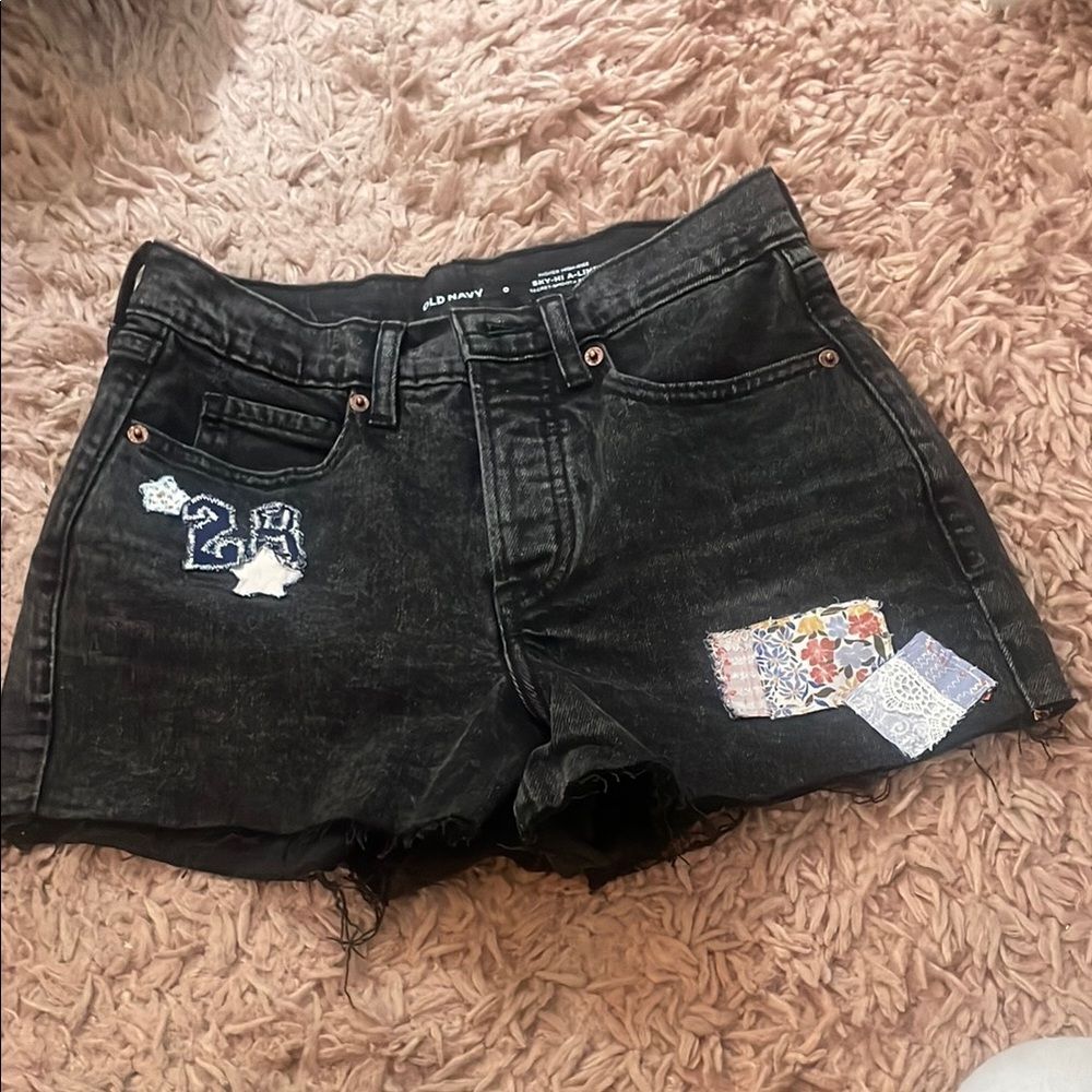 Old Navy Black Jean Shorts with Distressed Hem and Patchwork